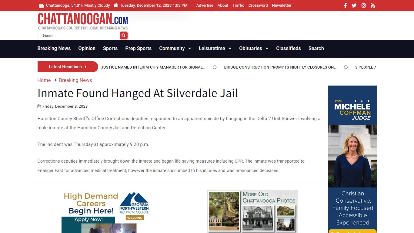 Inmate Found Hanged At Silverdale Jail - Chattanoogan.com